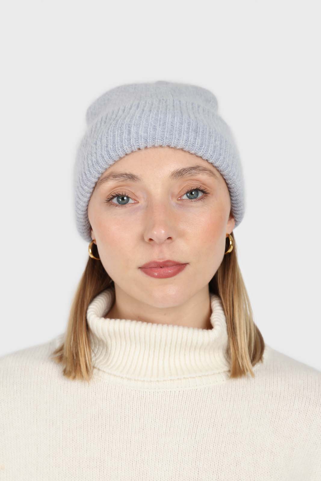 Pale grey mohair beanie and wool blend gloves set