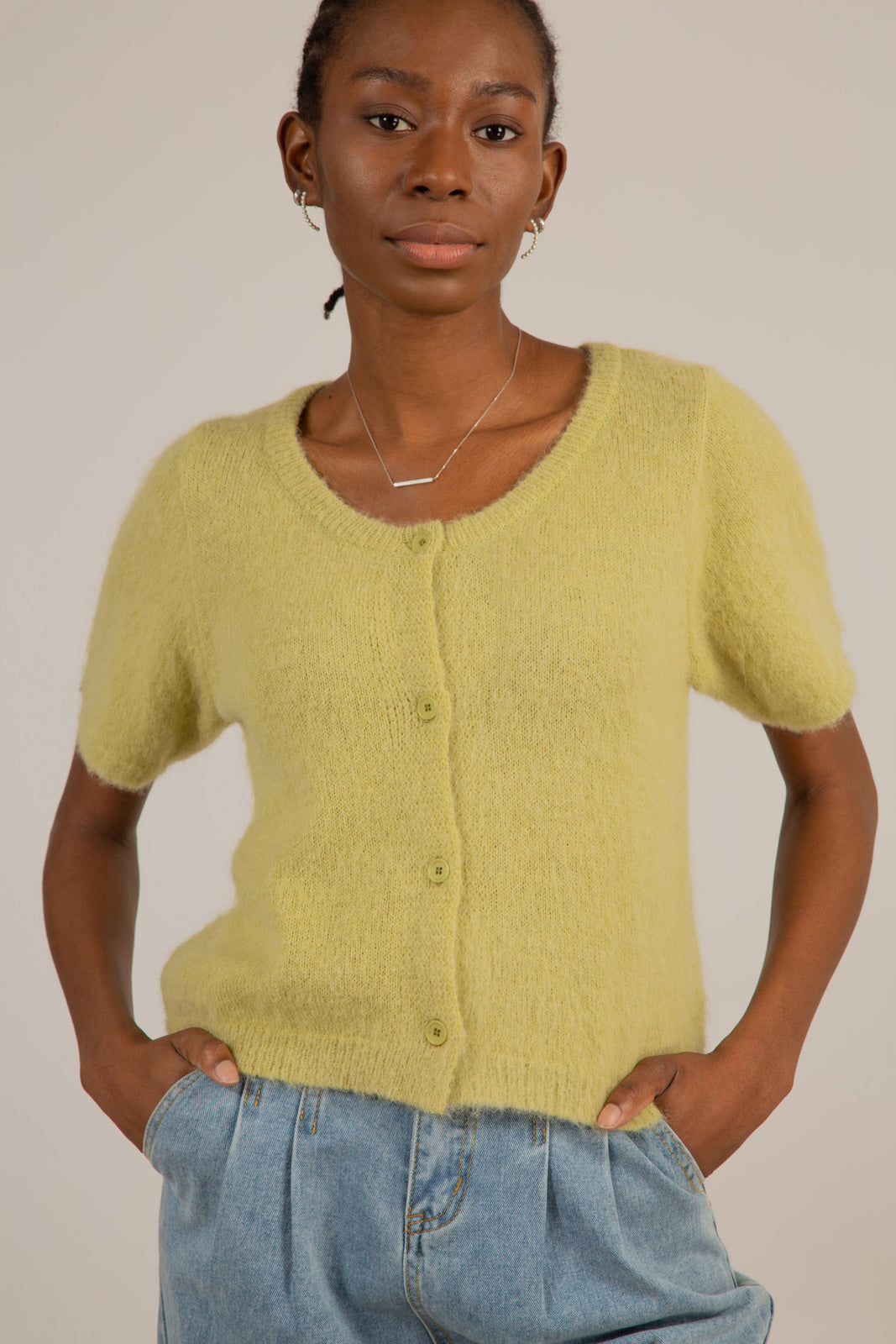Green alpaca blend short sleeved cardigan_1