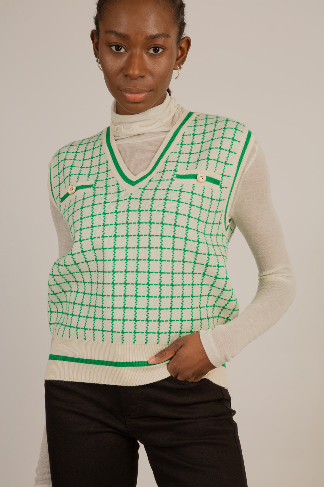Ivory and green box check sweater vest_1