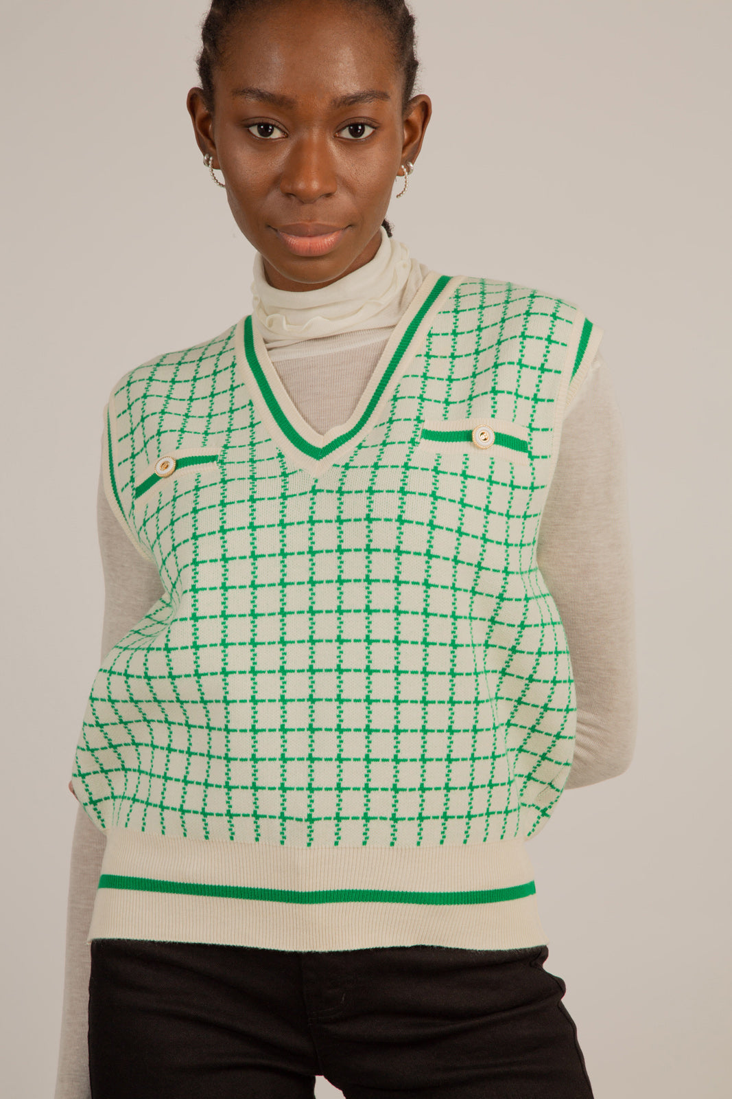 Ivory and green box check sweater vest_6