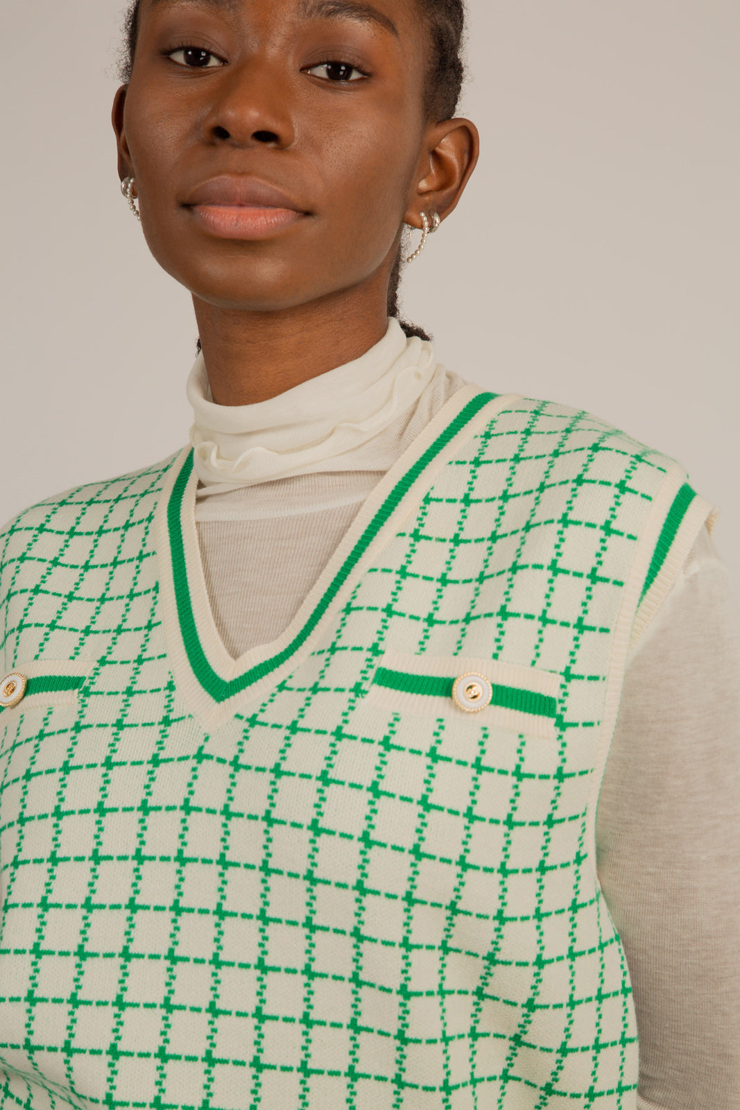 Ivory and green box check sweater vest_7