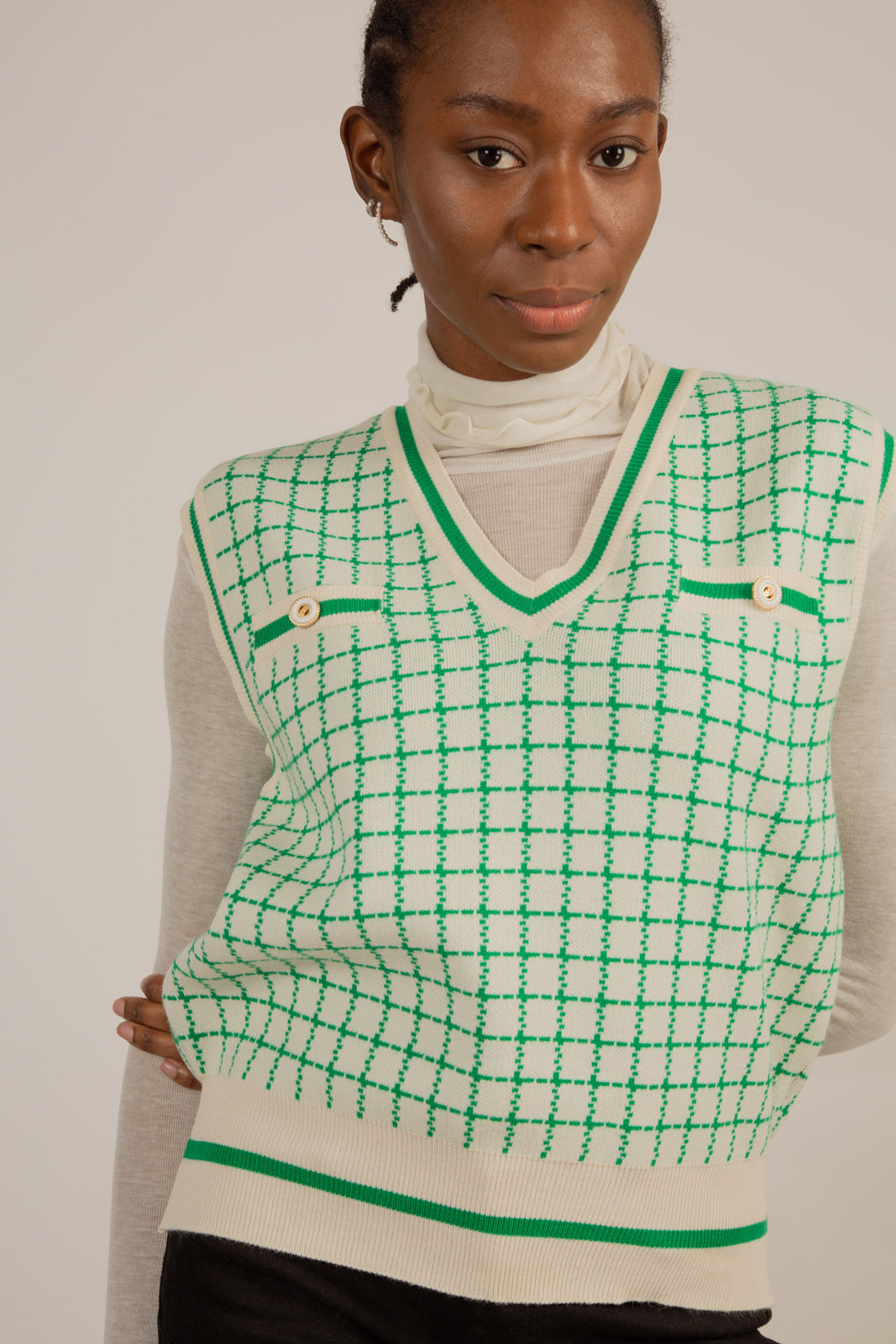 Ivory and green box check sweater vest_4