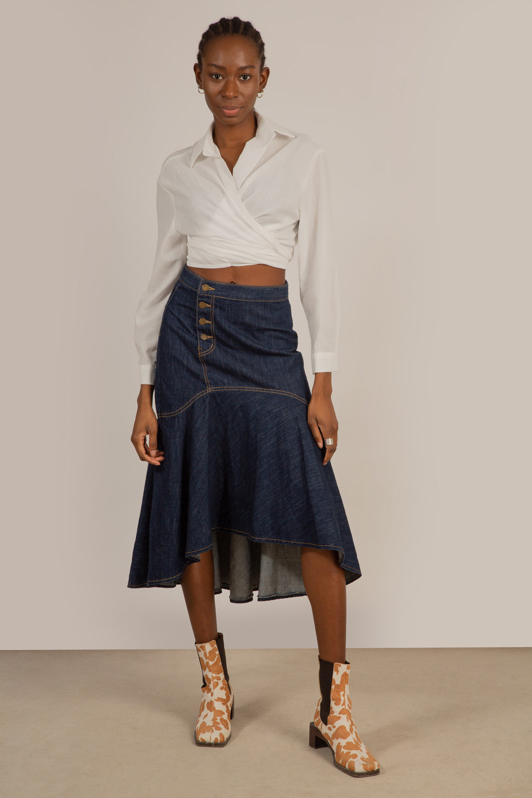 Dark blue large ruffle hi-low hem denim skirt - 807_1