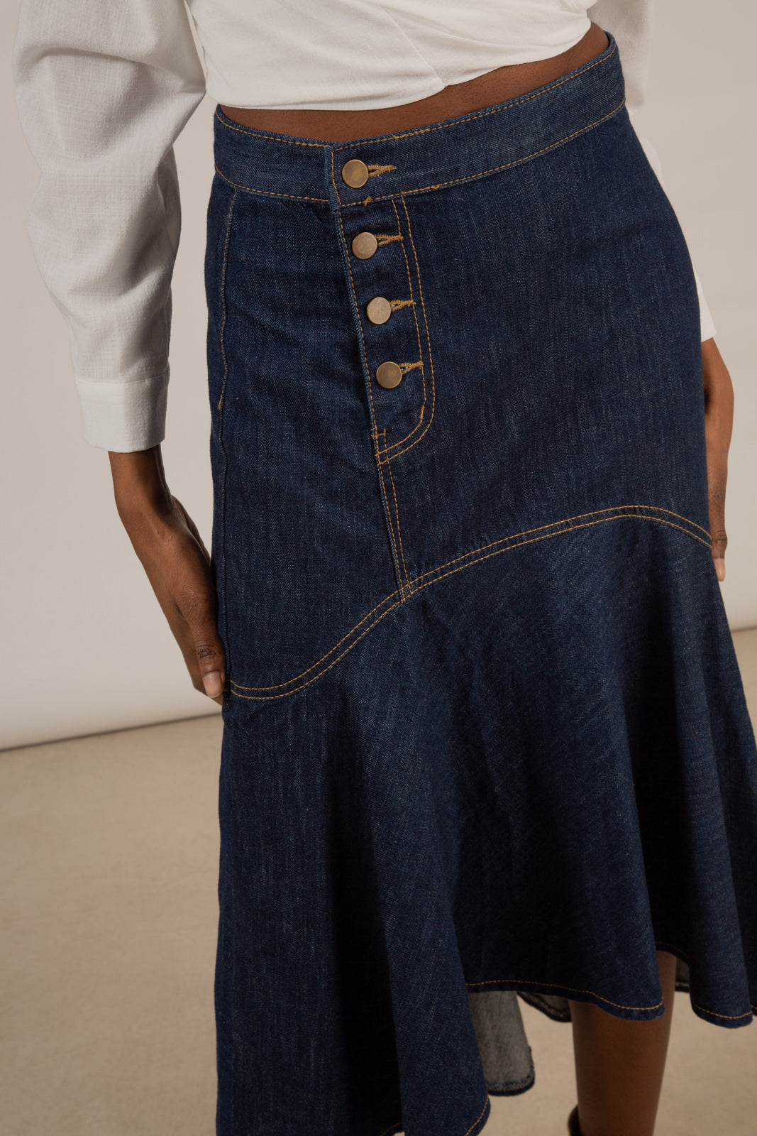 Dark blue large ruffle hi-low hem denim skirt - 807_2