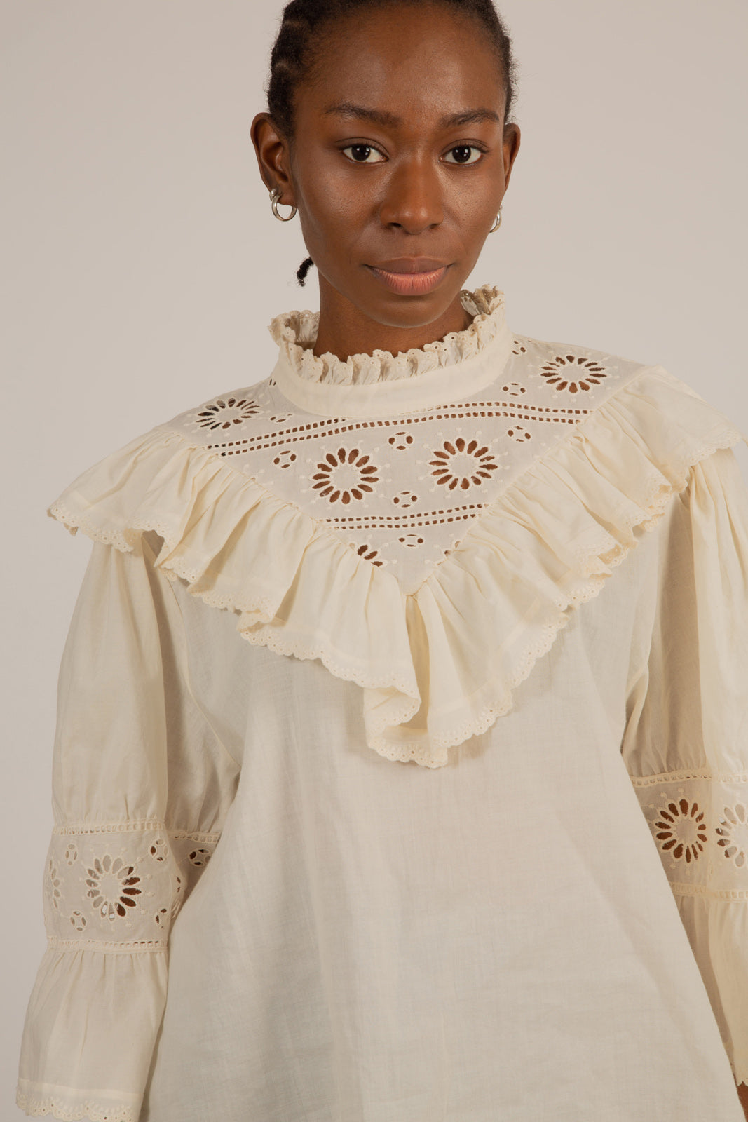 Cream high neck eyelet blouse_10