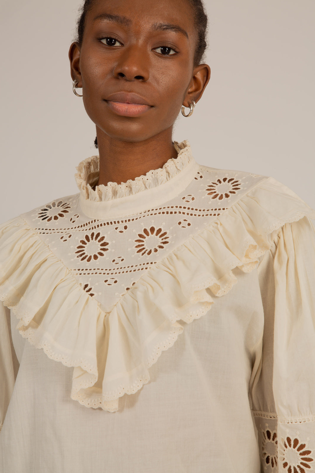 Cream high neck eyelet blouse_7