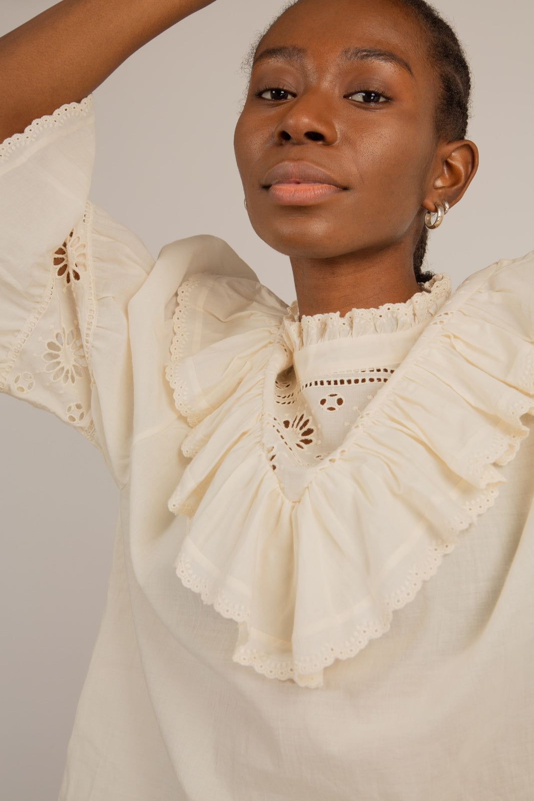 Cream high neck eyelet blouse_5