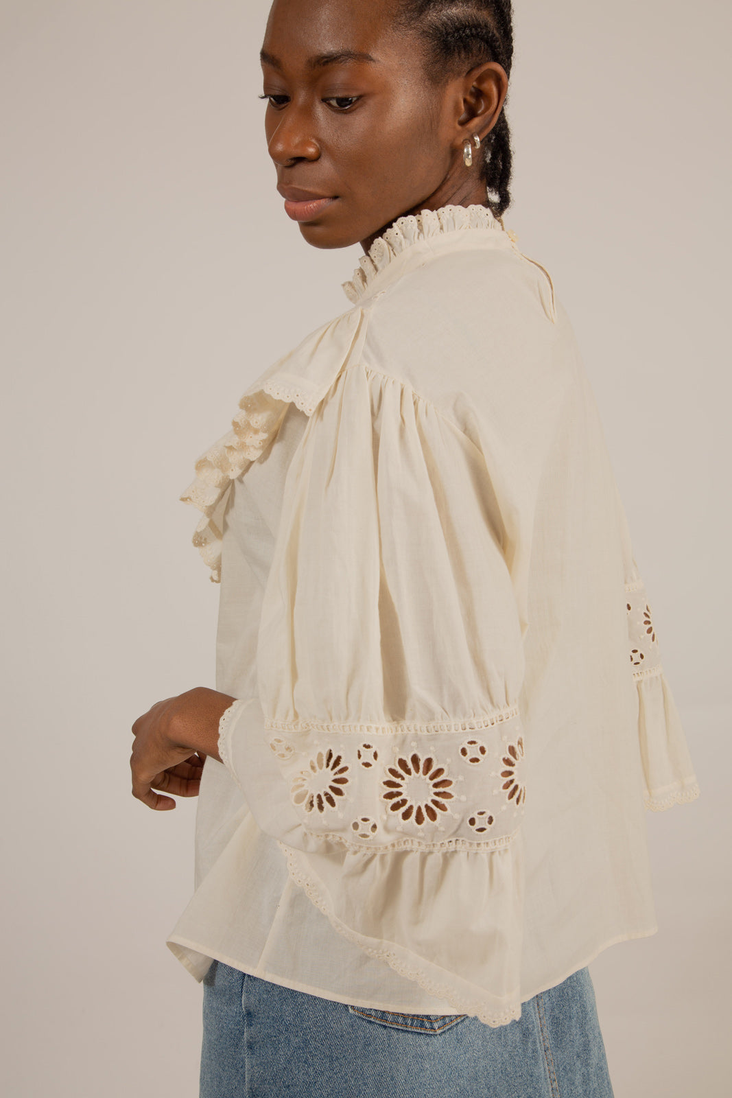 Cream high neck eyelet blouse_4