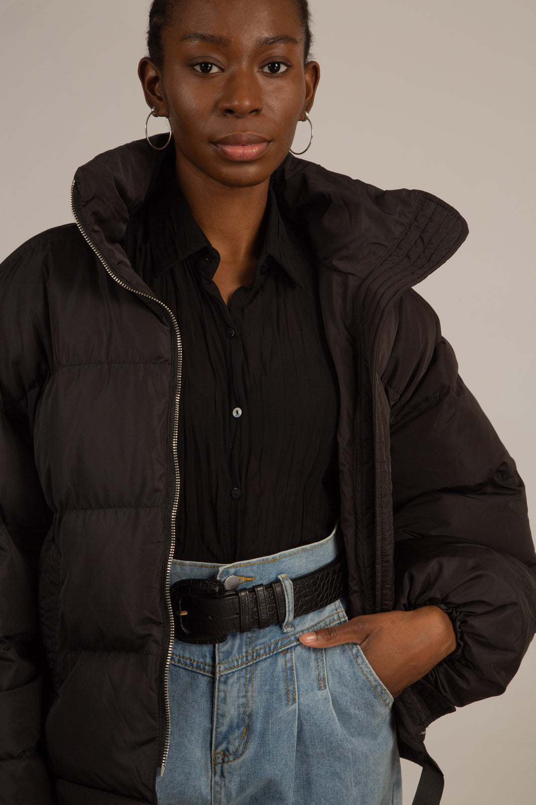 Black panel strip puffer jacket_3