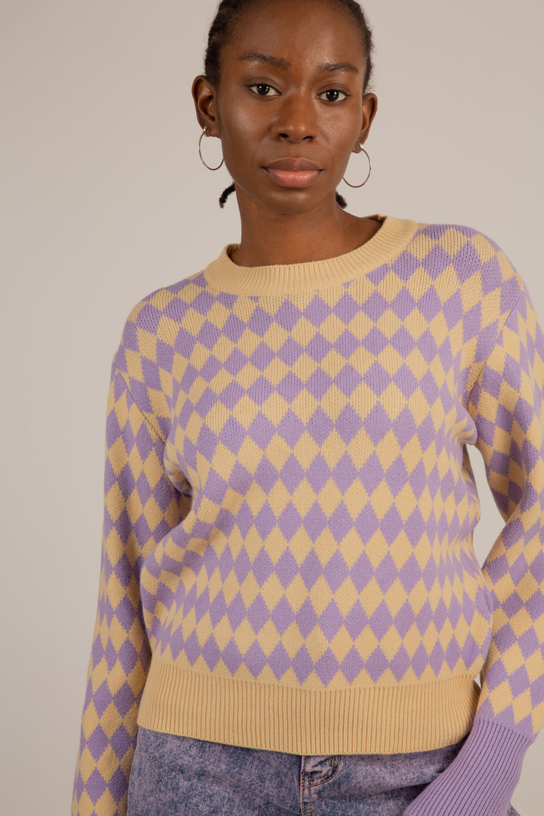 Purple and beige diamond contrast hem jumper_8