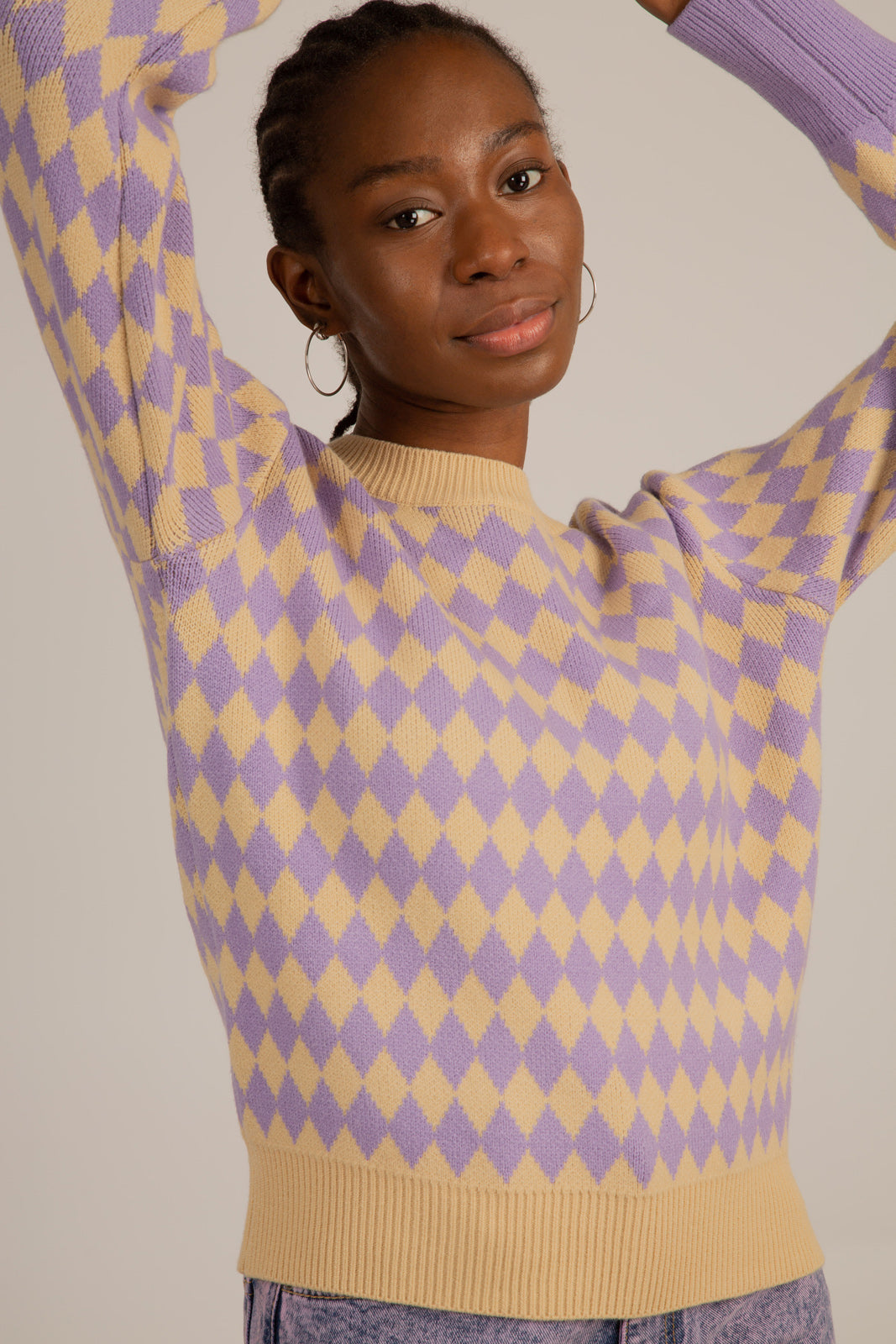 Purple and beige diamond contrast hem jumper_4