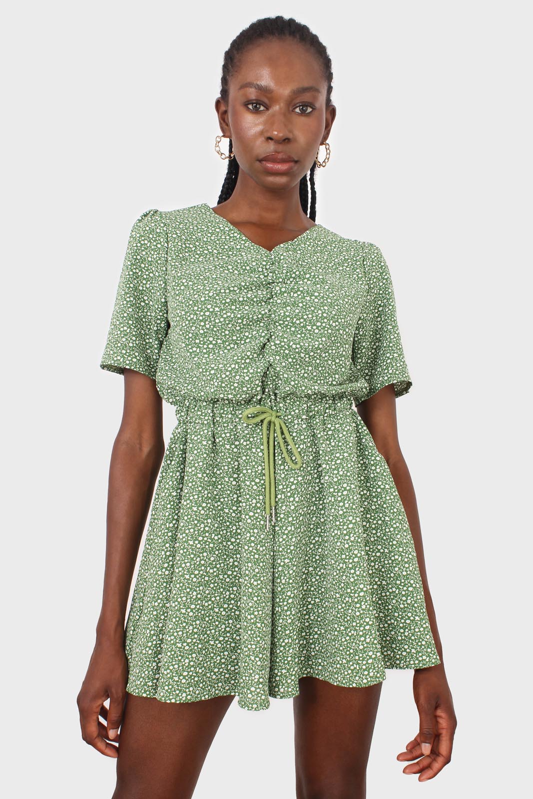 Green and white floral print tie waist romper_12