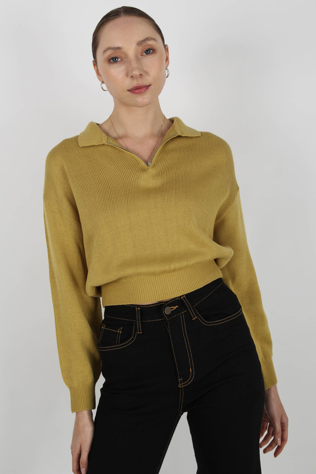 Mustard zip polo knit top_3