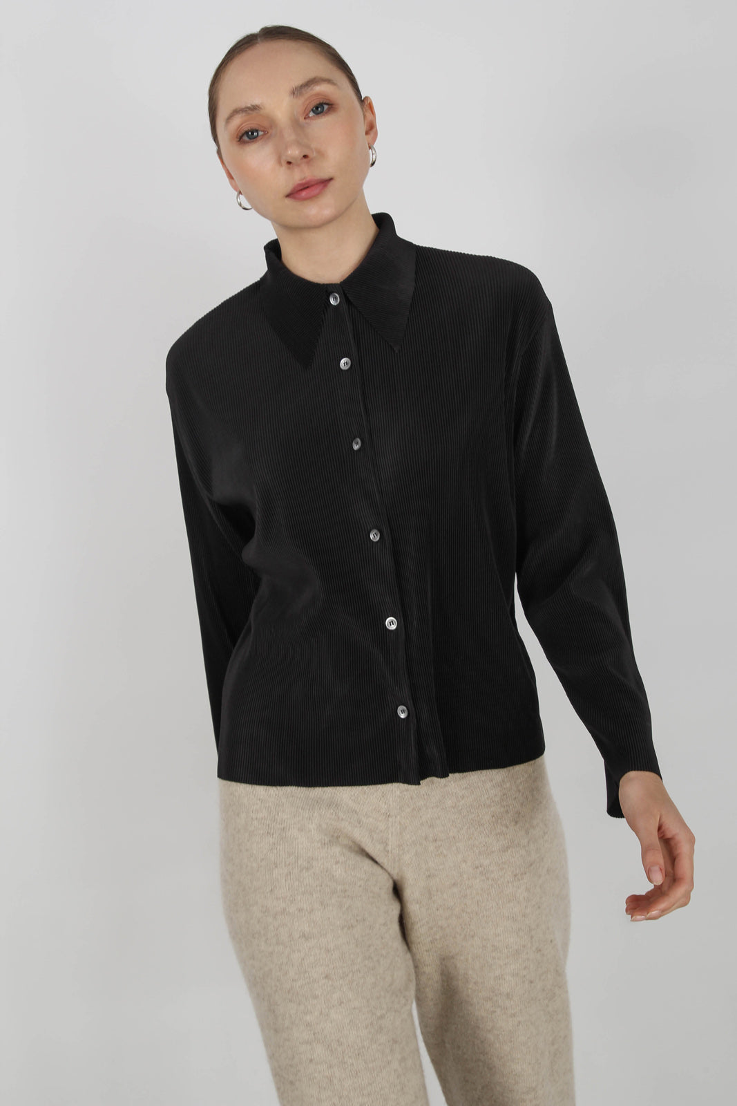 Black micro pleated long sleeved shirt_6