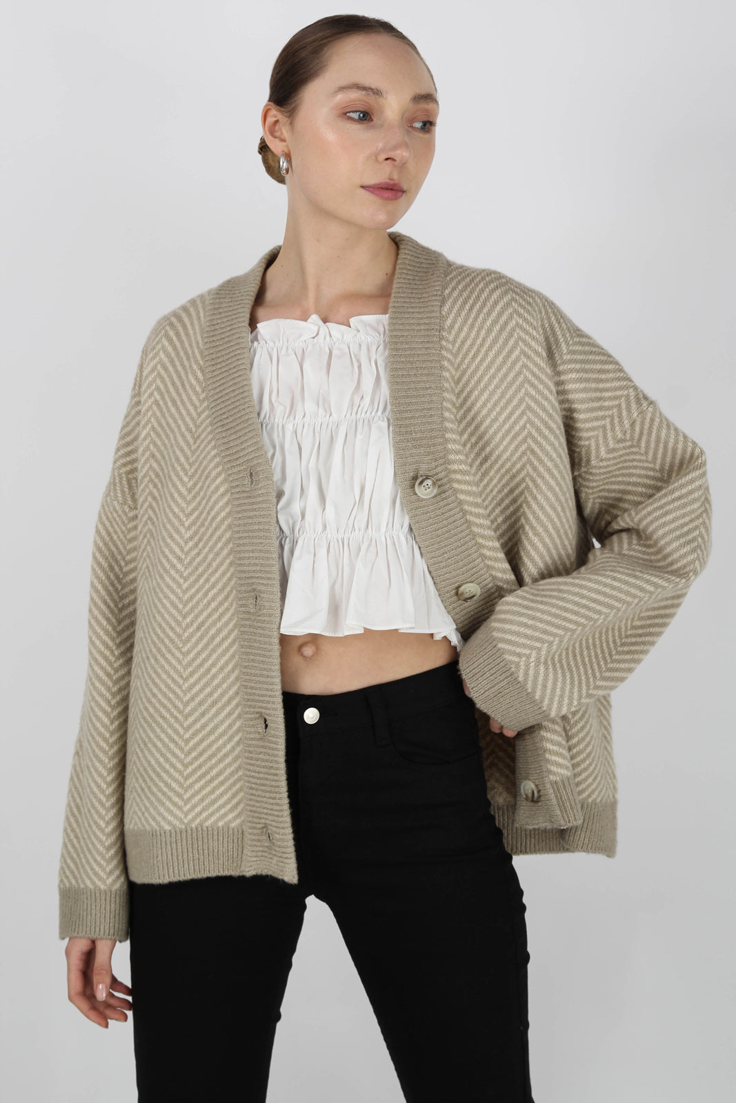 Pale khaki and ivory herringbone cardigan_2