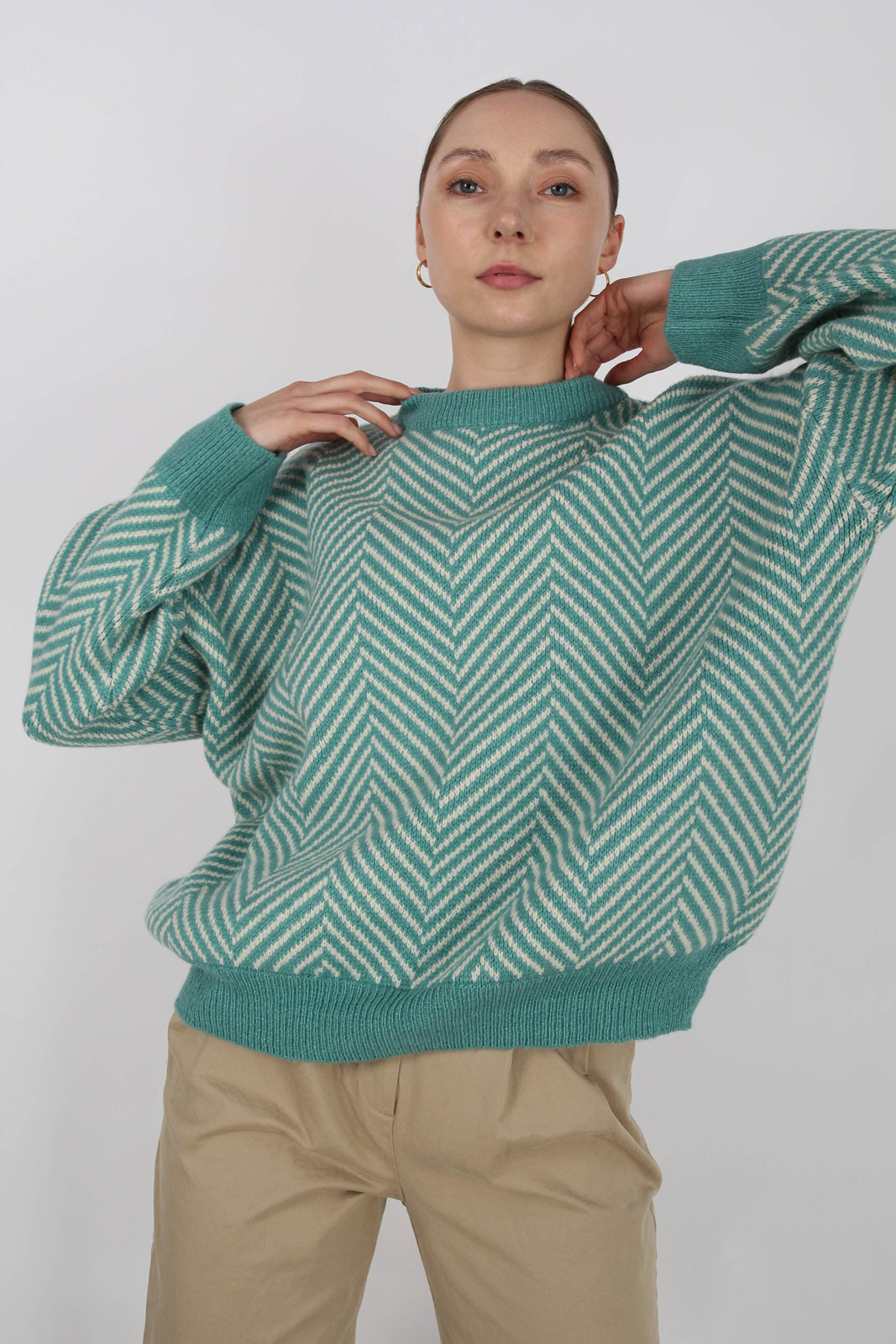 Aqua blue and ivory herringbone jumper_9