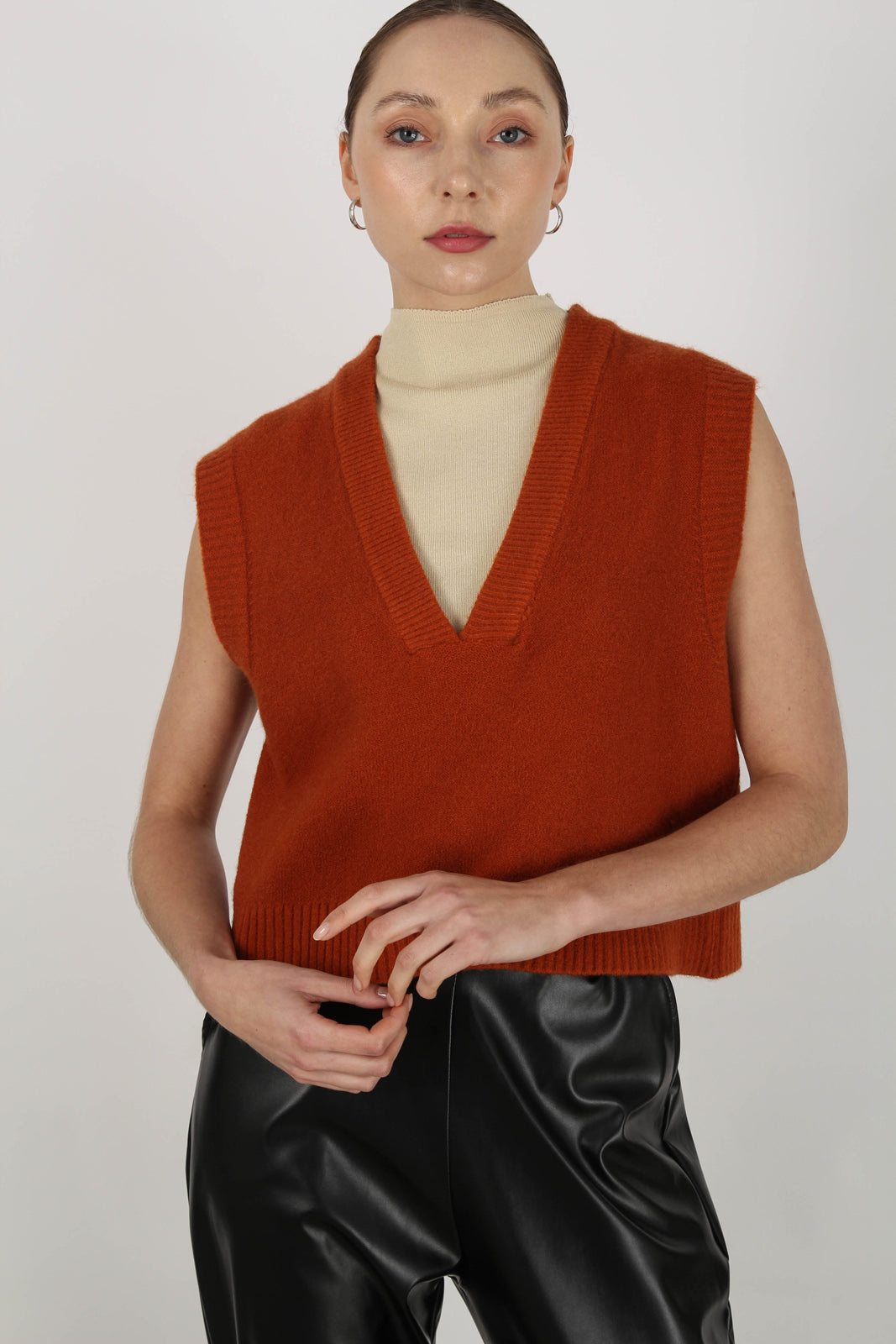 Dusty orange deep V neck sweater vest_1