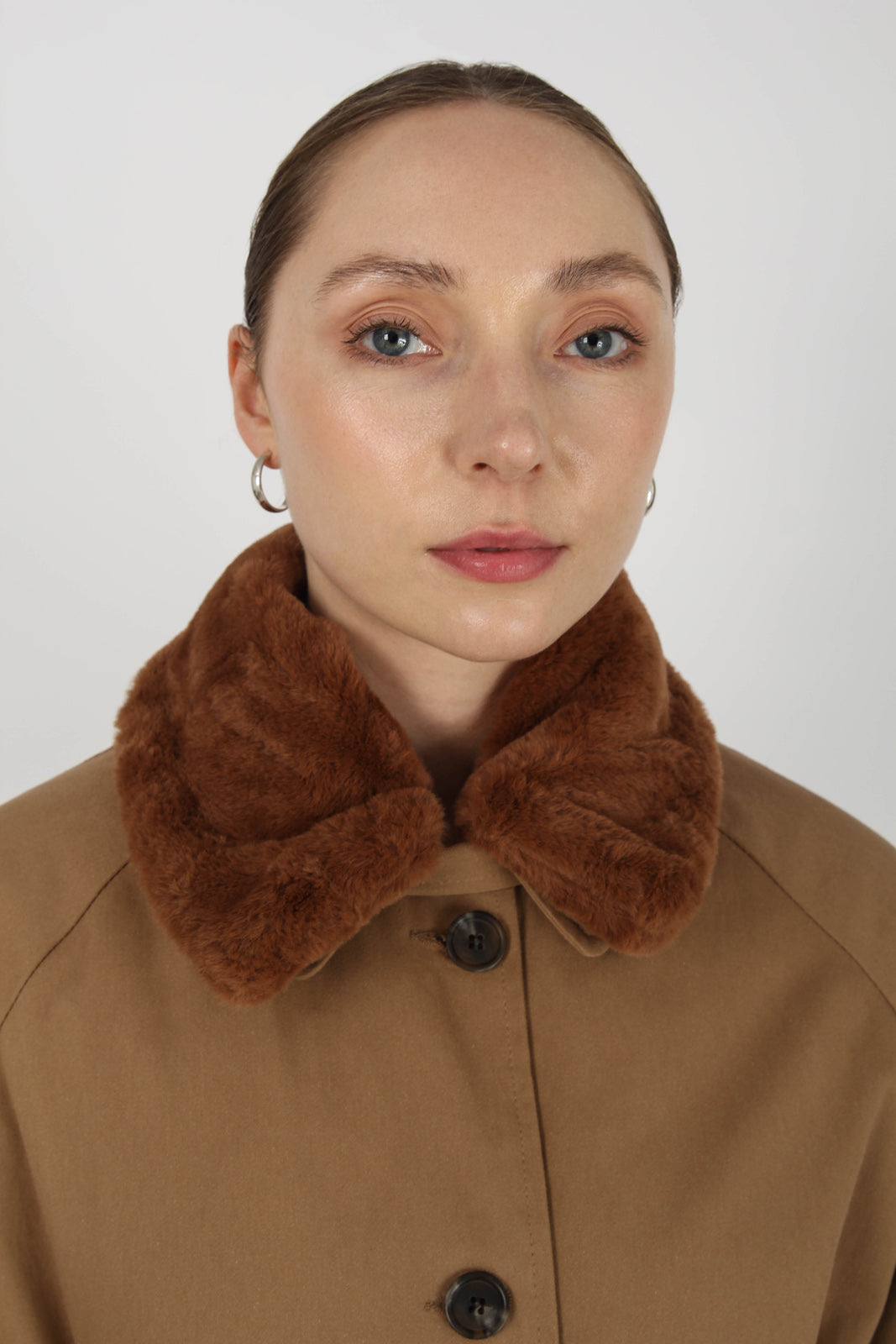 Brown faux fur collar lined trench coat_6
