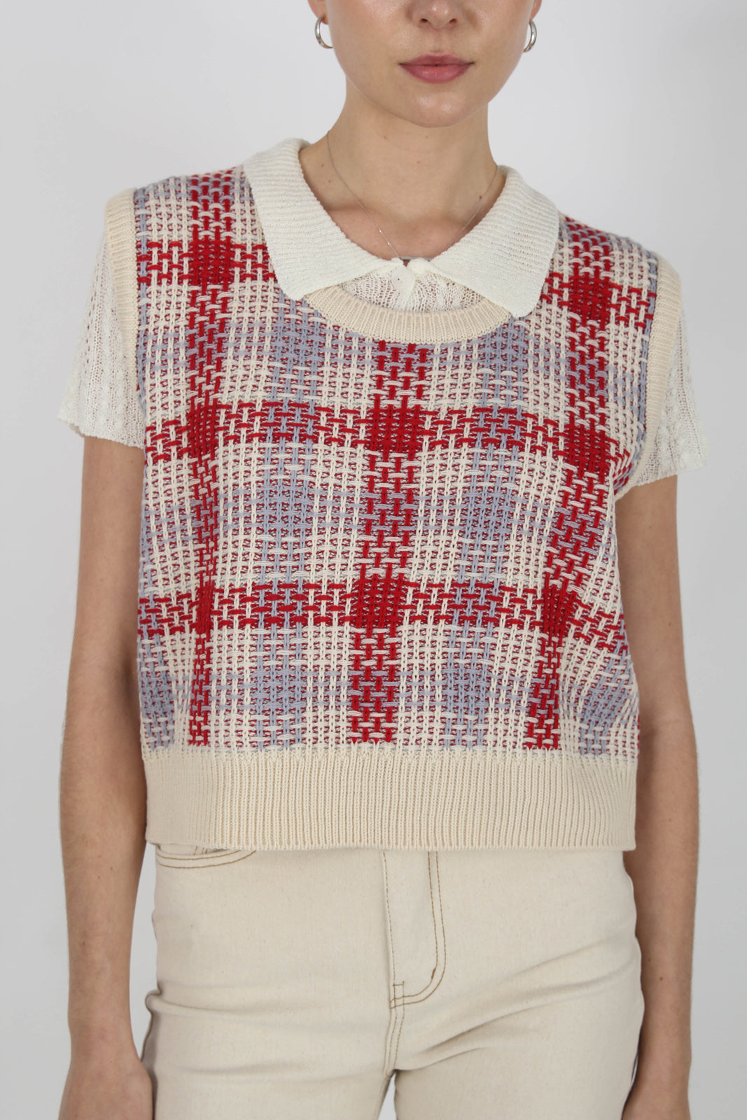 Ivory and red cross check sweater vest_6
