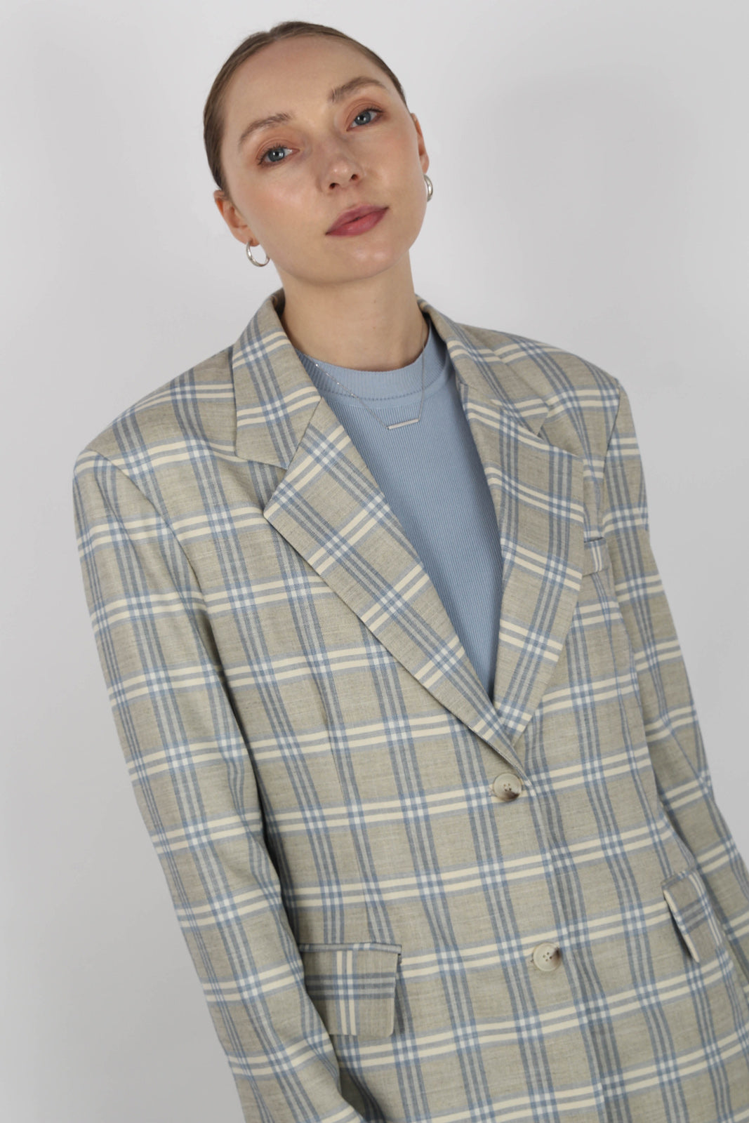 Beige and blue single breasted checked blazer_8