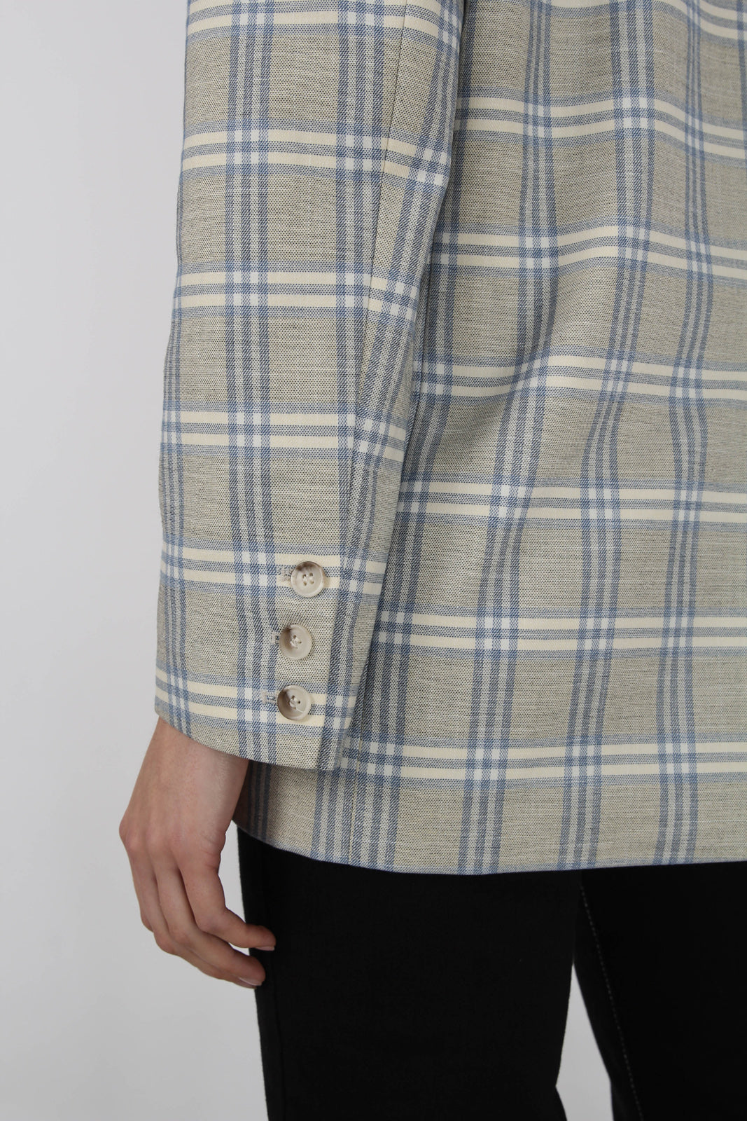 Beige and blue single breasted checked blazer_7
