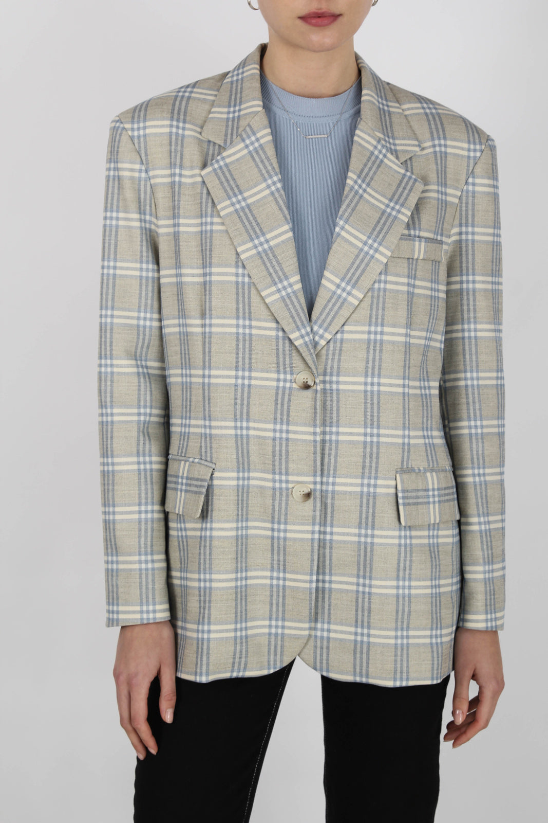 Beige and blue single breasted checked blazer_2