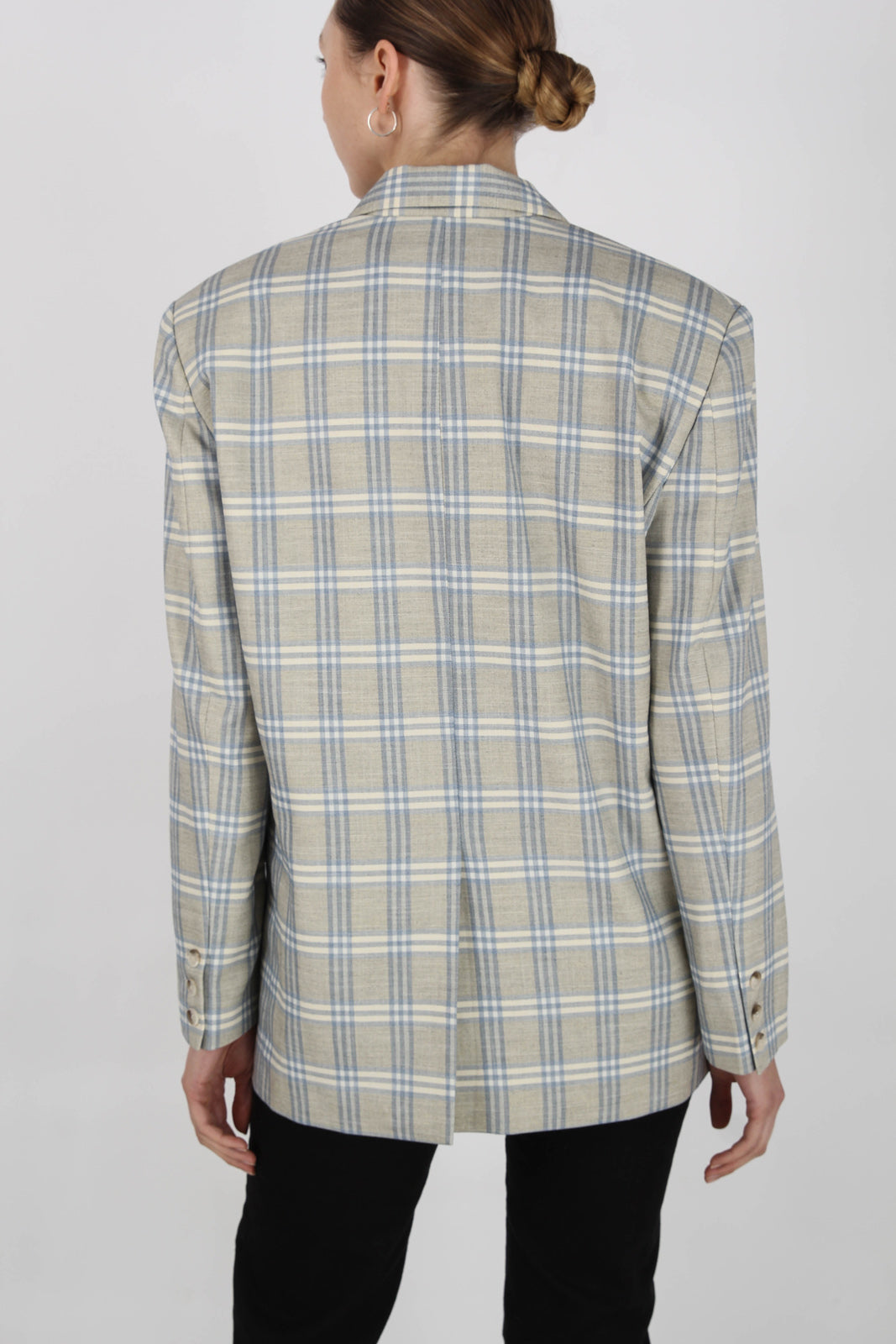 Beige and blue single breasted checked blazer_5
