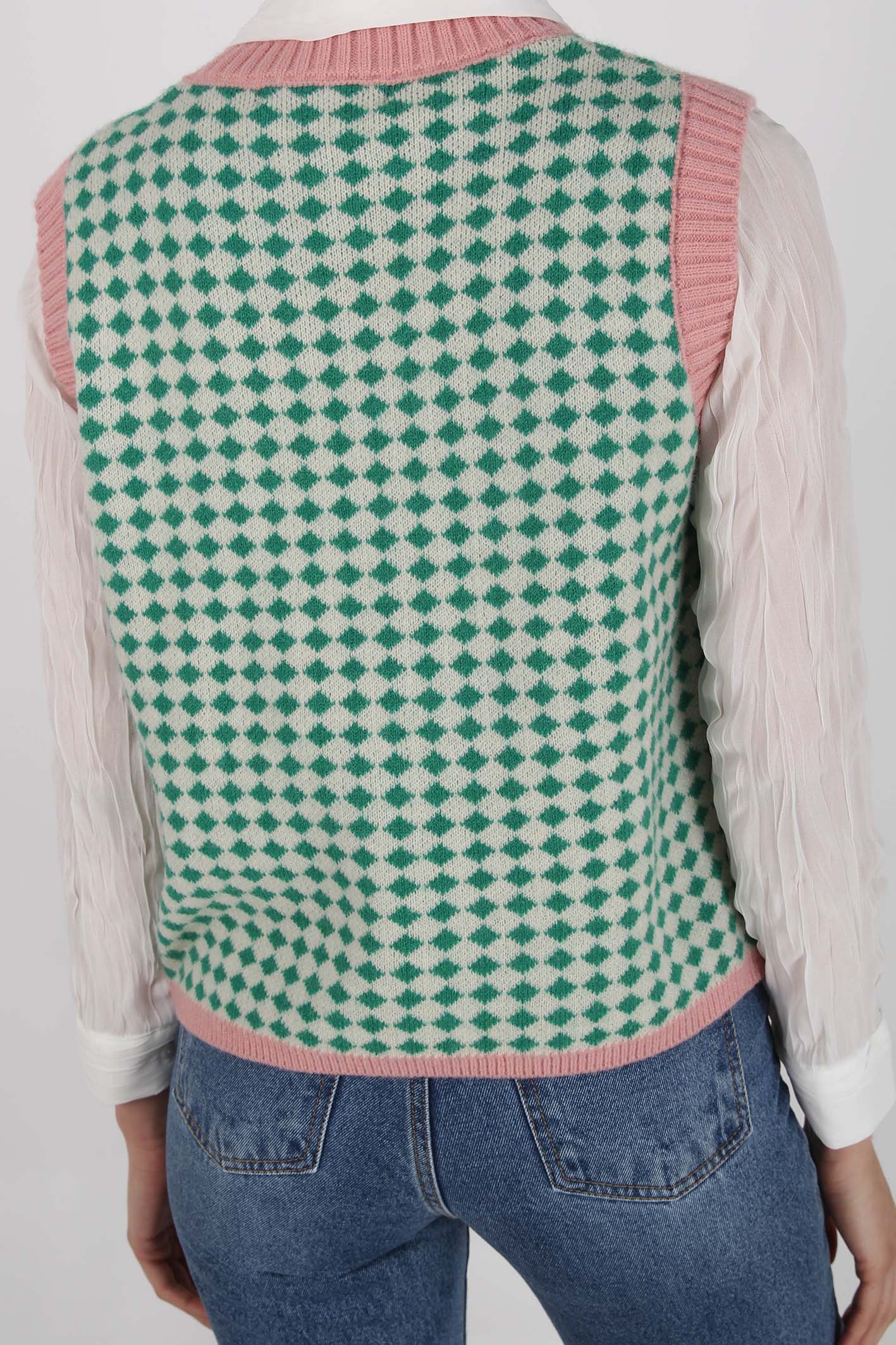 Pink and mint intarsia diamond sweater vest_5