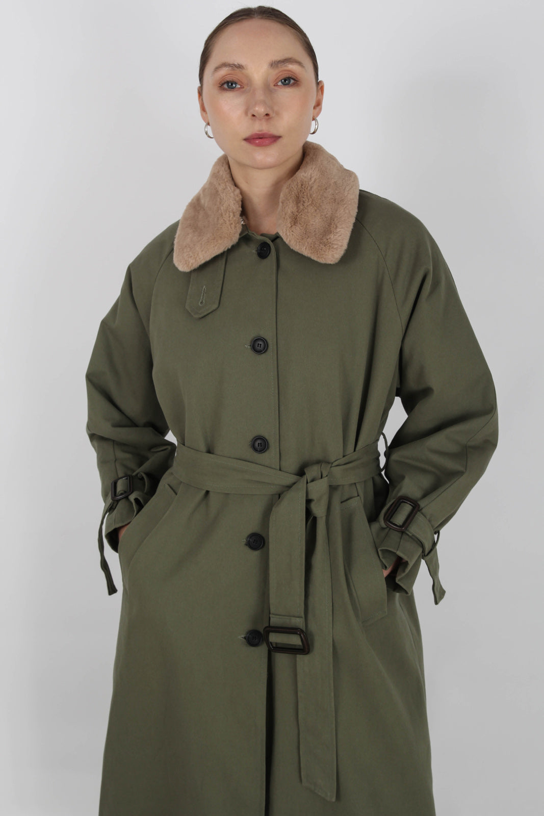 Khaki faux fur lined trench coat_4