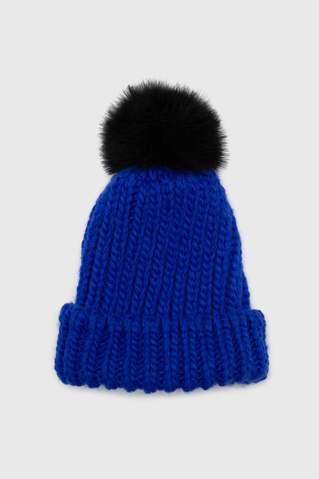 Cobalt blue ribbed black feather pom pom hat_1