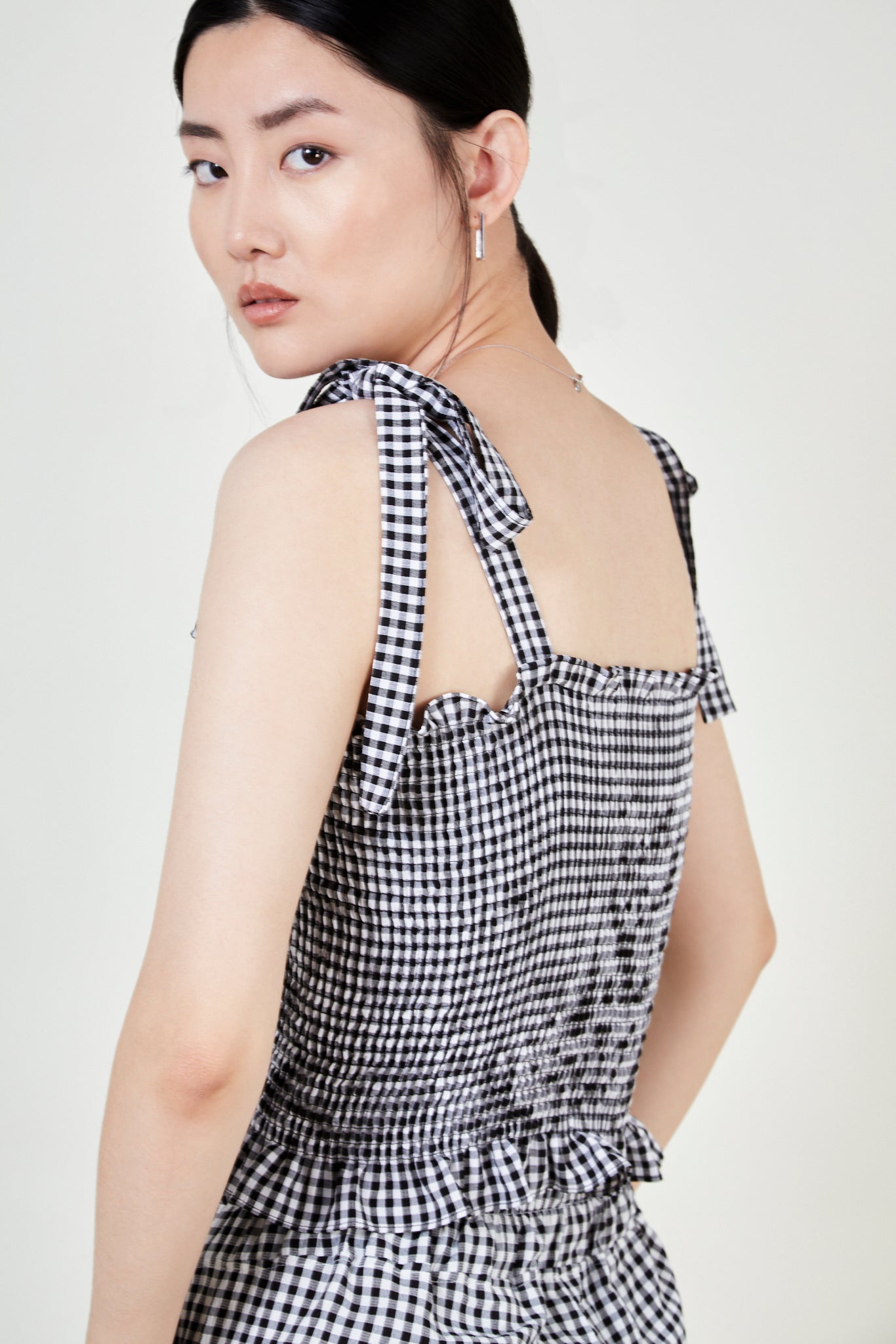 Black gingham ruched tie strap tank_2