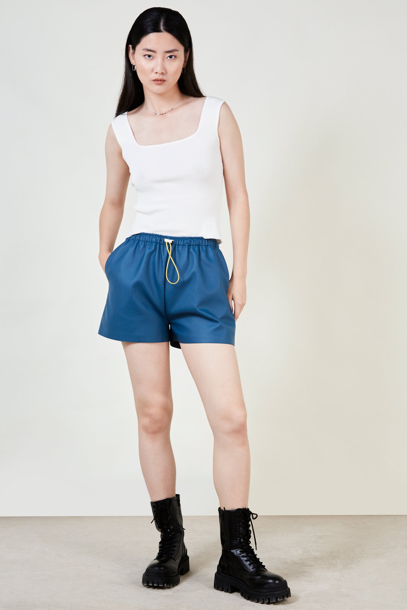 Bright blue vegan leather shorts_4