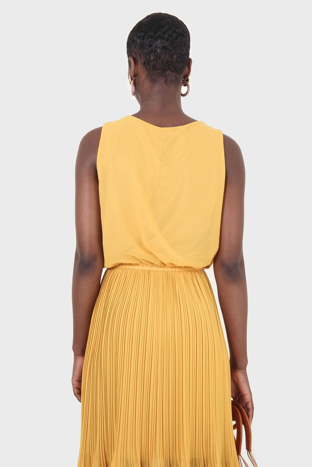 Mustard silky micro pleat maxi dress_2