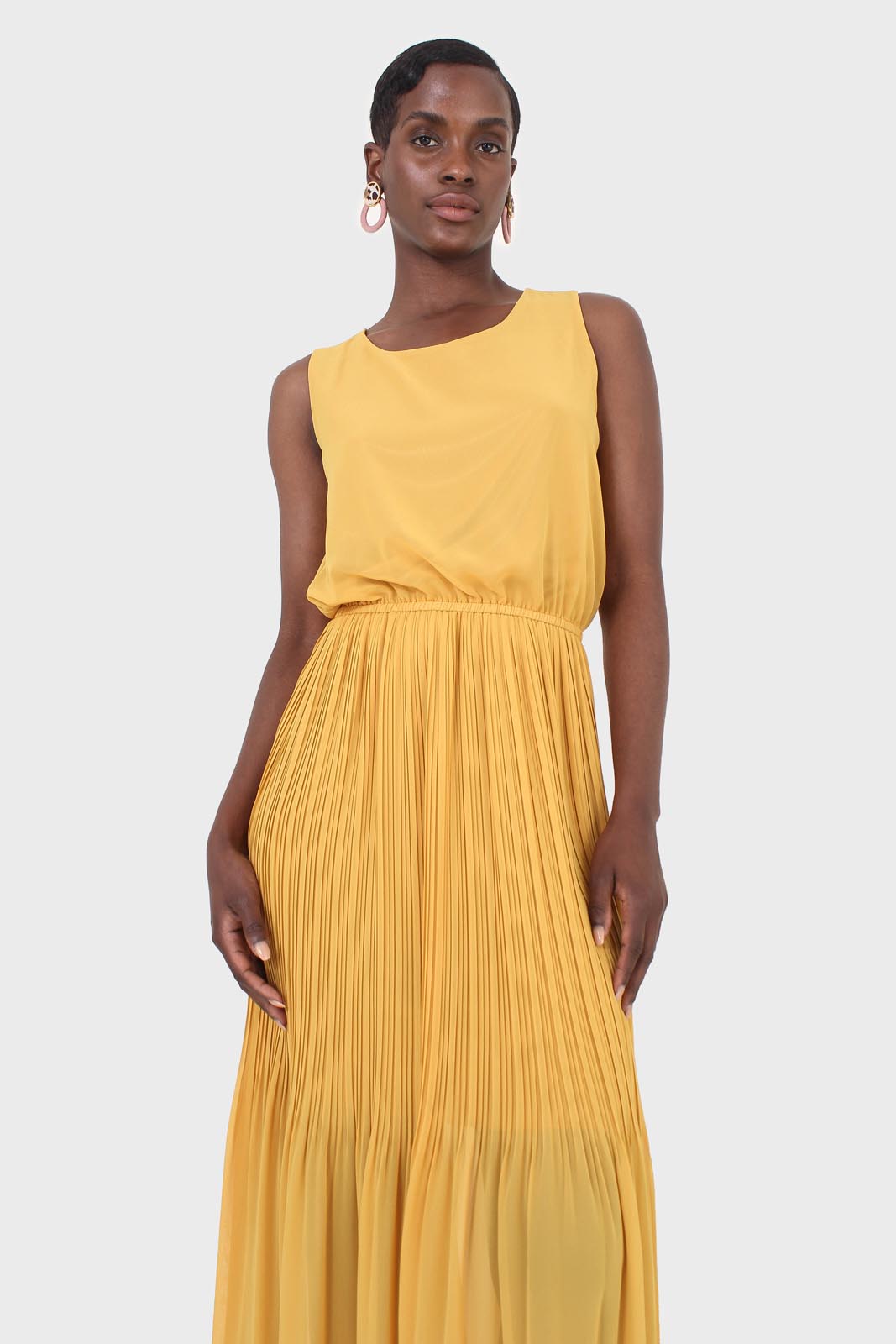 Mustard silky micro pleat maxi dress_5