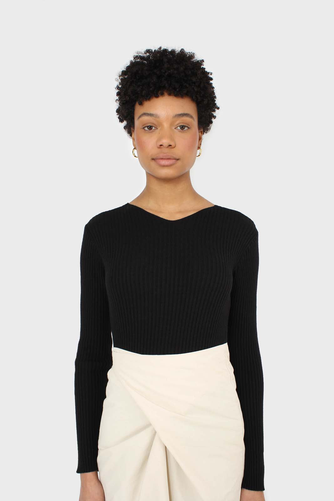 Black ribbed double V fitted knit top_4