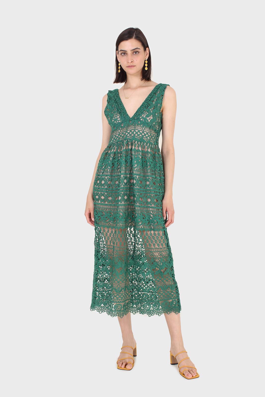 Green and nude deep V lace maxi dress_8