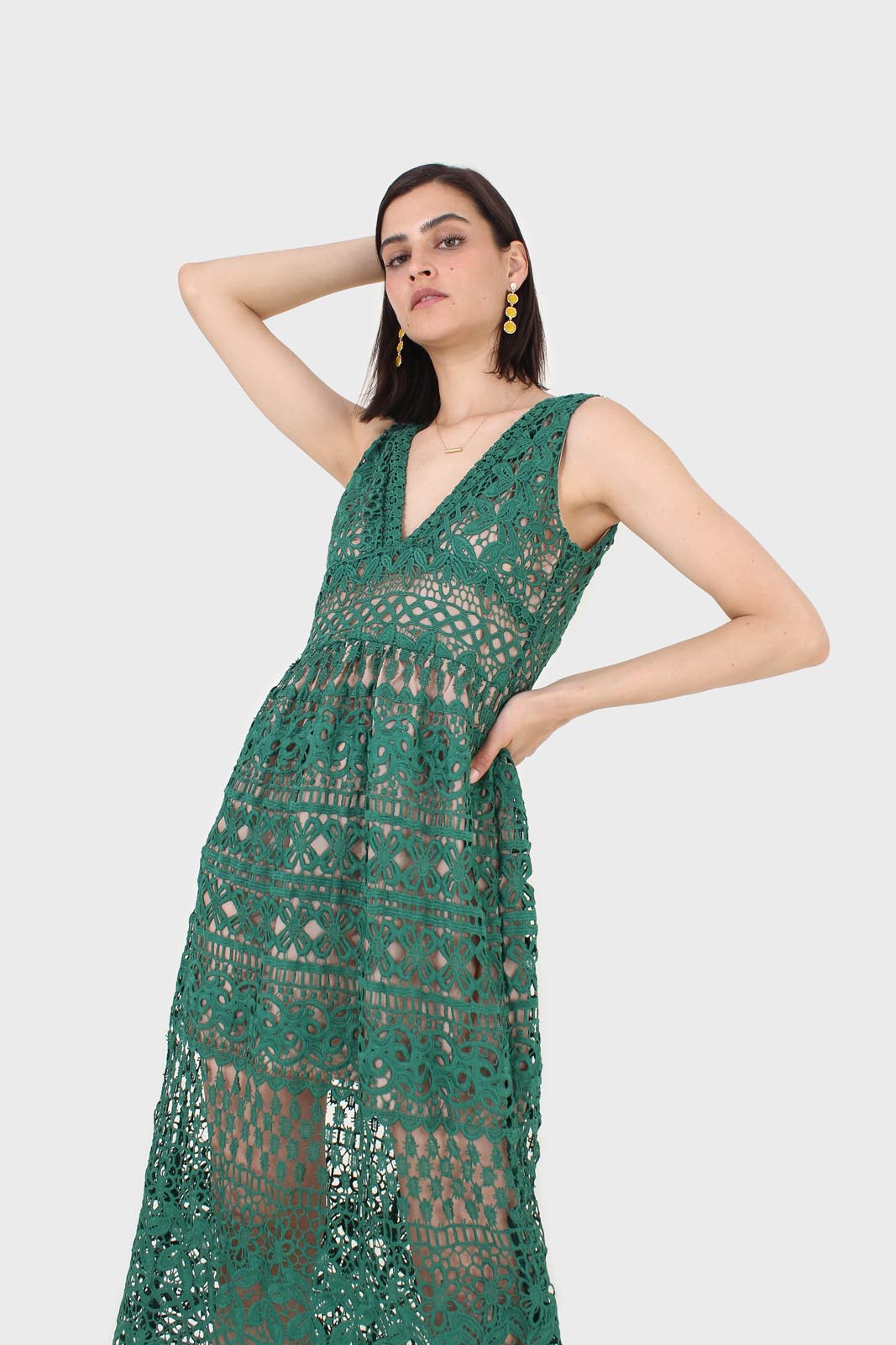 Green and nude deep V lace maxi dress_6