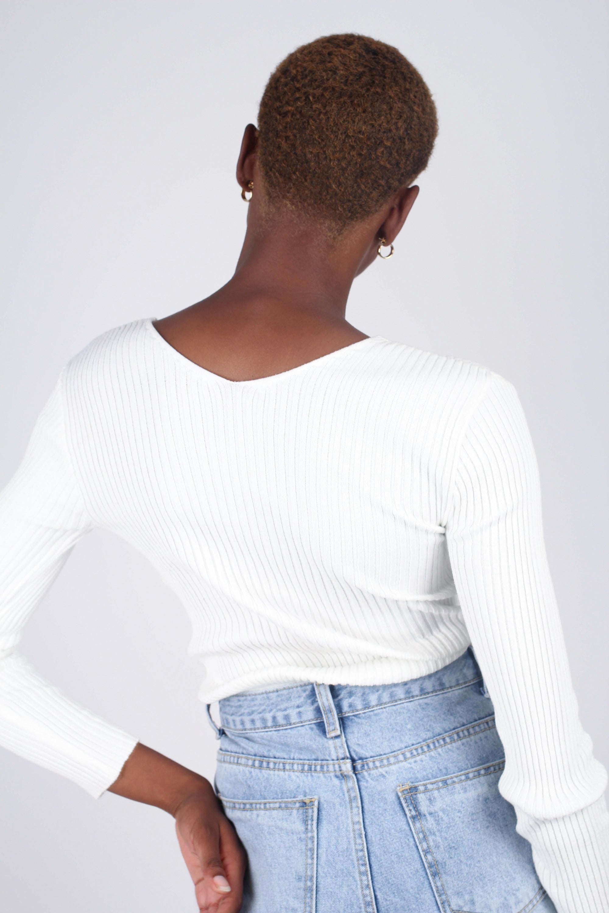 Ivory ribbed double V fitted knit top_4