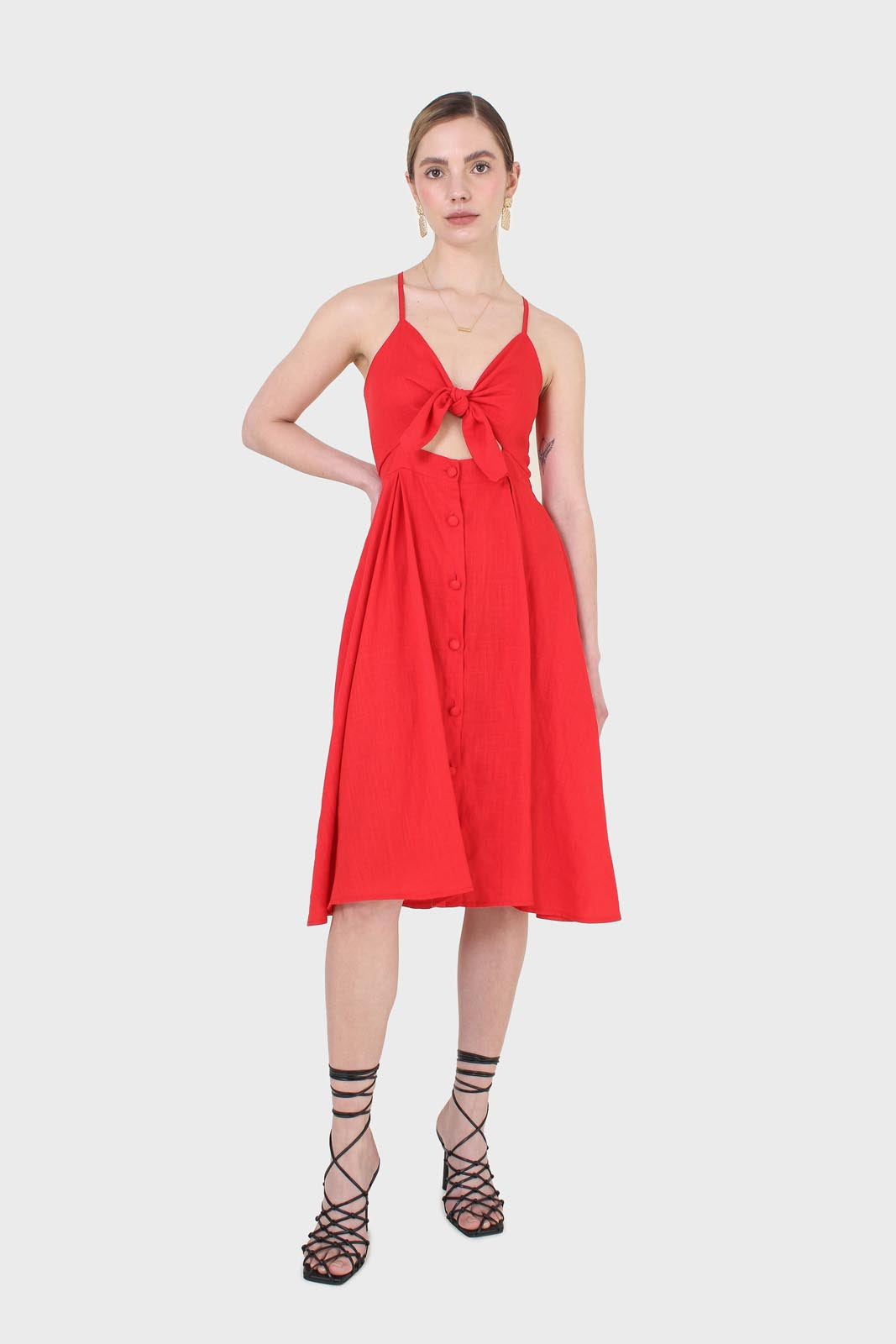 Bright red peek tie front linen dress_1