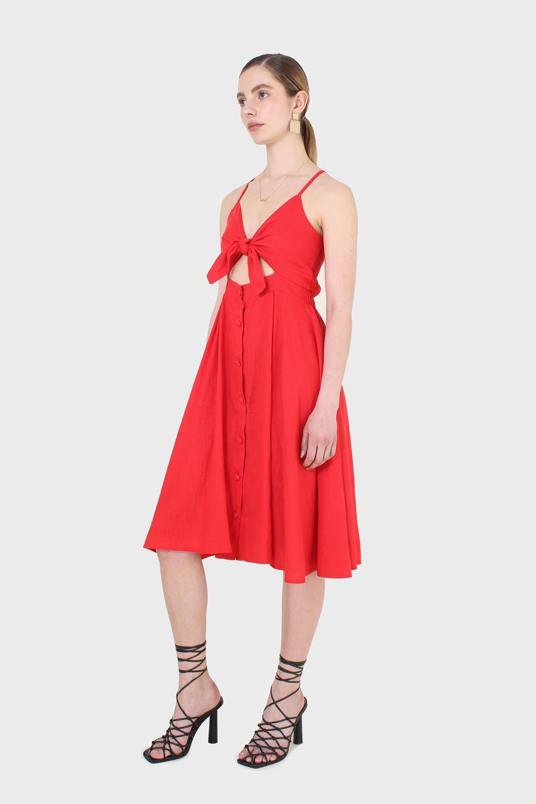 Bright red peek tie front linen dress_3