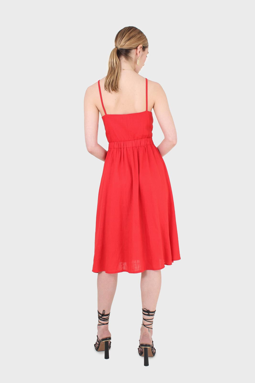 Bright red peek tie front linen dress_2