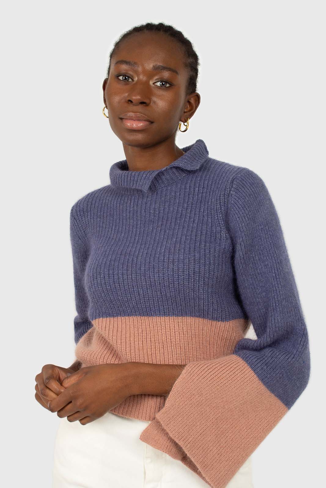Blue and pink colorblock mock neck angora jumper_1