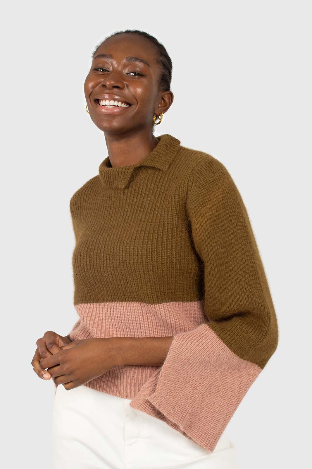 Khaki and pink colorblock mock neck angora jumper_3