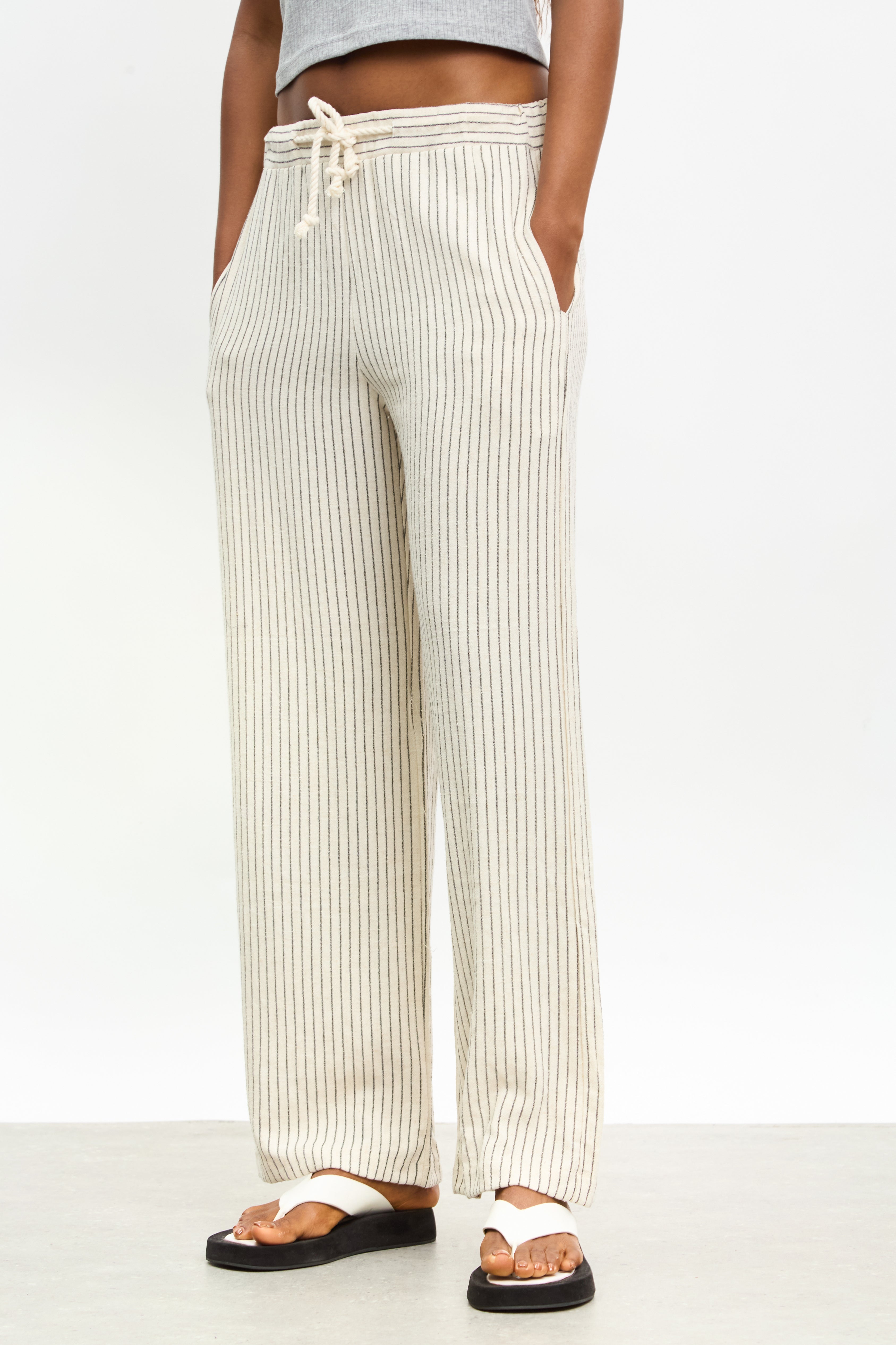 Oatmeal pinstripe rope drawstring trousers_1