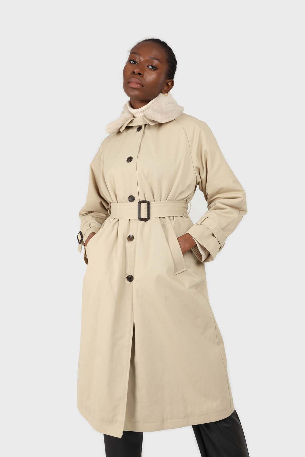 Light beige faux fur collar lined trench coat_1