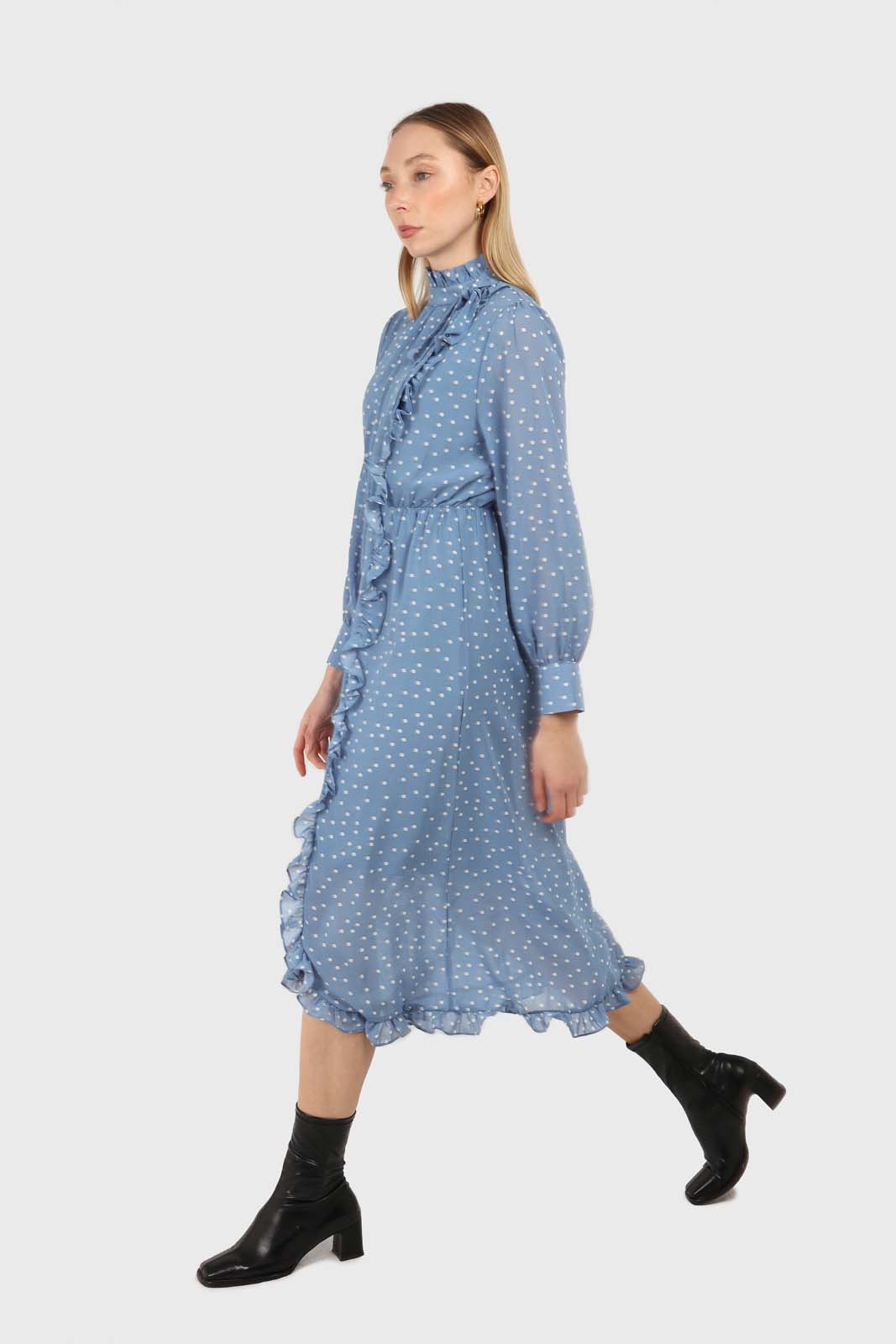 Pale blue and white polka dot ruffle trim maxi dress_2