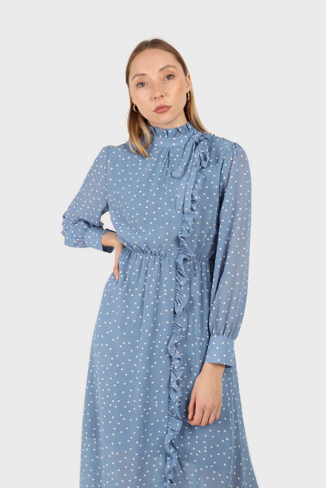 Pale blue and white polka dot ruffle trim maxi dress_4