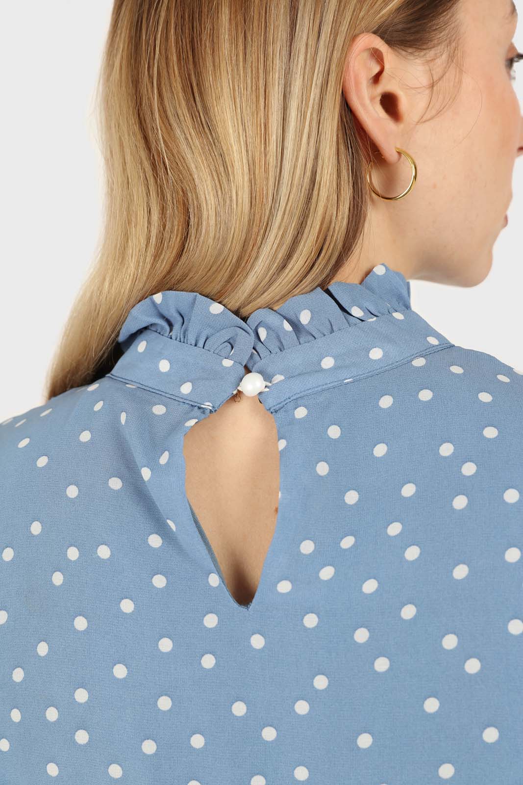 Pale blue and white polka dot ruffle trim maxi dress_6