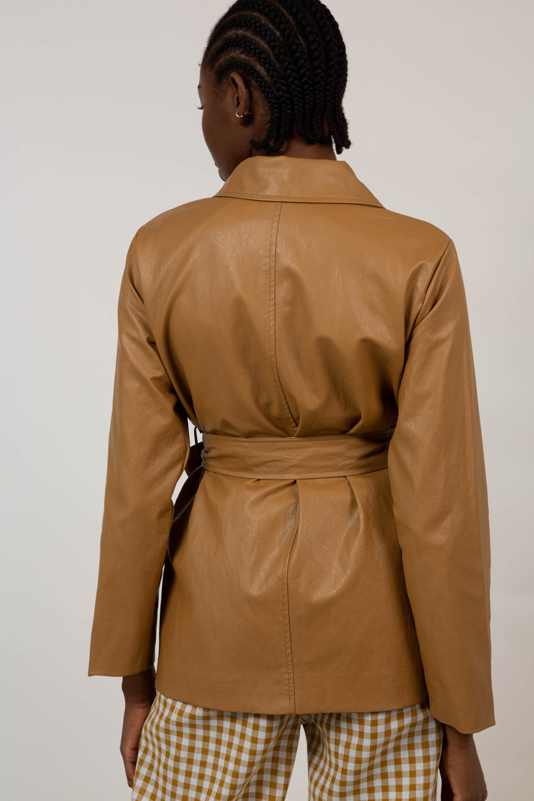 Brown vegan leather belted jacket_7
