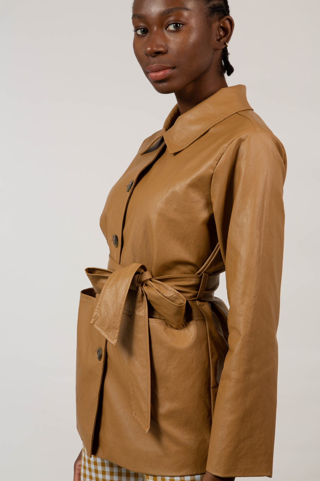Brown vegan leather belted jacket_12